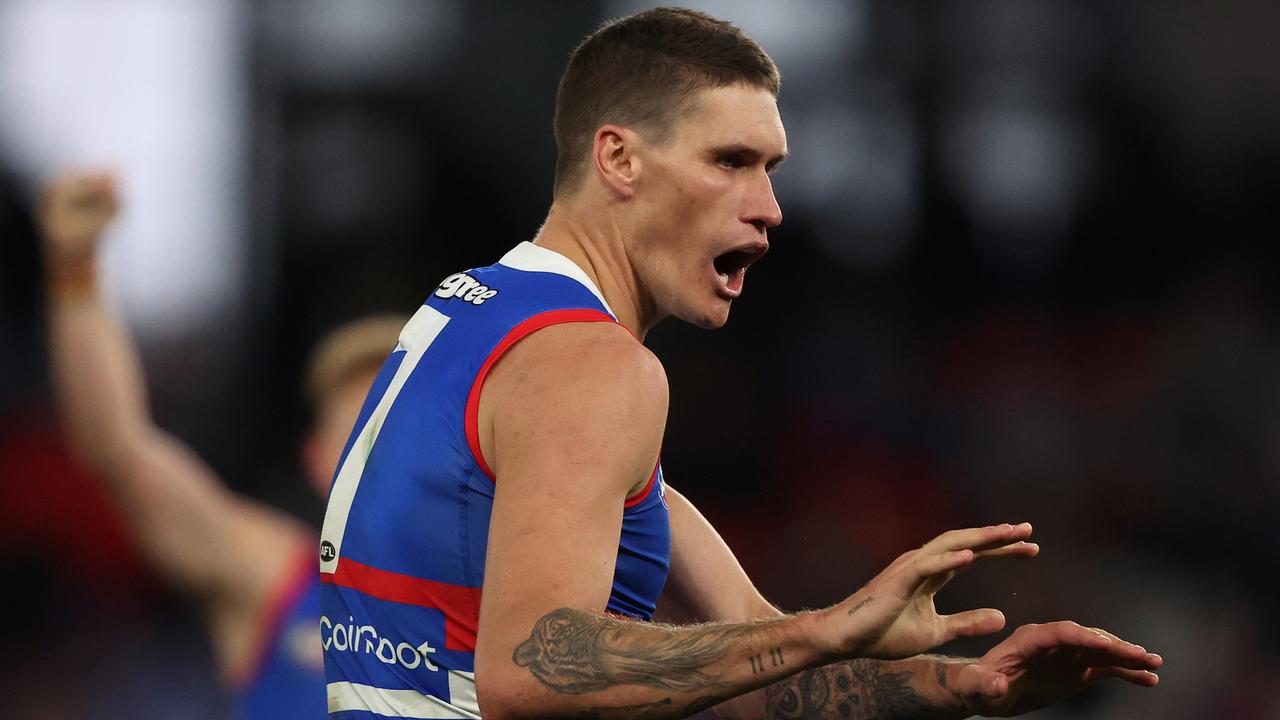 MELBOURNE, AUSTRALIA - JULY 01: Rory Lobb of the Bulldogs celebrates after scoring a goal during the round 16 AFL match between Western Bulldogs and Fremantle Dockers at Marvel Stadium, on July 01, 2023, in Melbourne, Australia. (Photo by Robert Cianflone/Getty Images)