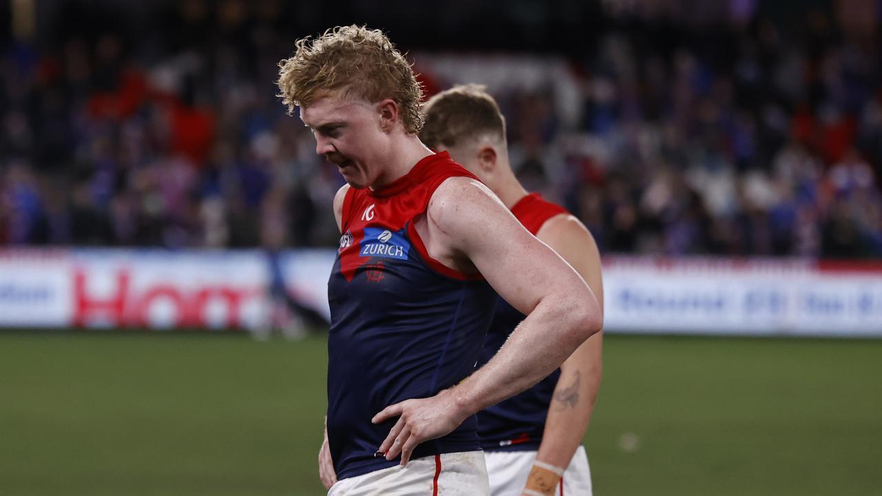 MELBOURNE, AUSTRALIA – AUGUST 02: A dejected Clayton Oliver of the Demons is seen the round 21 AFL match between Footscray Football Club and Melbourne Demons at Marvel Stadium, on August 02, 2024, in Melbourne, Australia. (Photo by Darrian Traynor/Getty Images)