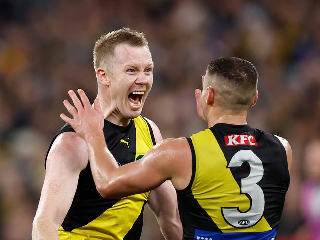 MELBOURNE, AUSTRALIA - MAY 12: Jack Riewoldt (left) and Dion Prestia of the Tigers celebrate during the 2023 AFL Round 09 match between the Richmond Tigers and the Geelong Cats at the Melbourne Cricket Ground on May 12, 2023 in Melbourne, Australia. (Photo by Michael Willson/AFL Photos via Getty Images)