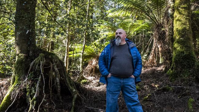 Bob Brown Foundation's Tarkine Campaigner Scott Jordan in temperate rainforest near the Riley Creek proposed mine site on Tasmania's West Coast