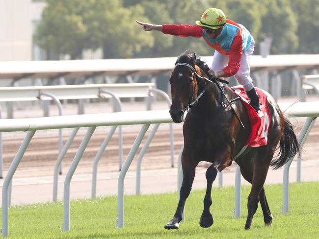 Jockey Zac Purton celebrates his victory aboard Ka Ying Rising at Sha Tin on Sunday. Picture: HKJC