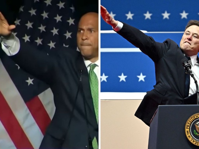 Cory Booker and Elon Musk doing their respective gestures.