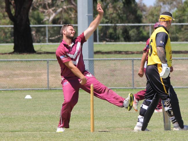 Tyabb leg-spinner Paul Nelson sends one down.