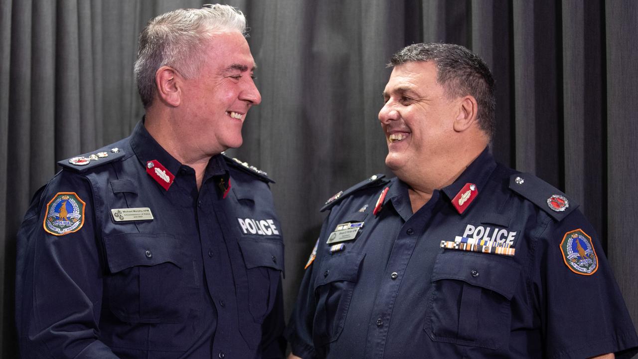 Michael Murphy, the Northern Territory's police commissioner and Assistant Commissioner Bruce Porter during a press conference in Darwin on September 8, 2023. Photo by PEMA TAMANG PAKHRIN