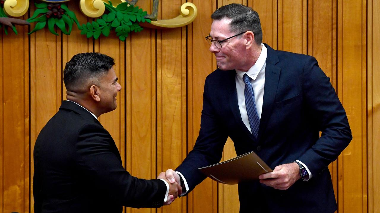 The investiture of newly elected Townsville City Councillors at the council chambers held in April. The then CEO Prins Ralston congratulates the newly sworn Mayor Troy Thompson, who is currently suspended for 12 months while Dr Prins announced his resignation two days after the photograph was taken. Picture: Evan Morgan