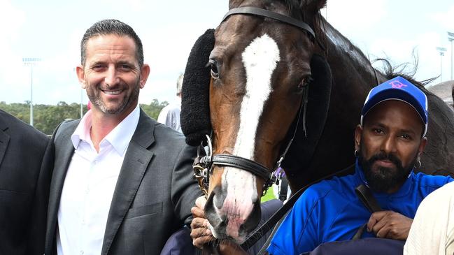 Paul Shailer with the Peter Tighe-owned Mister Bianco, who is aiming for a hat-trick of wins at Doomben on Saturday. Picture: Grant Peters/Trackside Photography