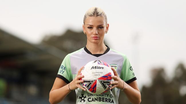 CANBERRA, AUSTRALIA - OCTOBER 23: Majaj Markovski poses during the Canberra United A-League Women's Season Launch Media Opportunity at McKellar Park on October 23, 2024 in Canberra, Australia. (Photo by Mark Metcalfe/Getty Images for A-Leagues)