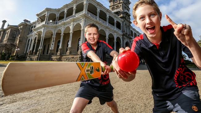 Jack, left, and Archie, in front of 19th century Rupertswood mansion, part of an open house event this Saturday. Picture: Tim Carrafa