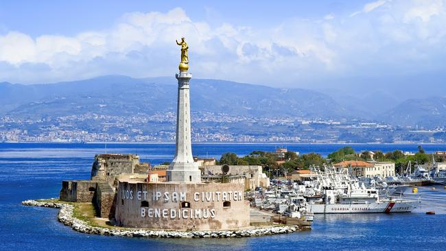 The view of Messina's port with the gold Madonna della Lettera statue.