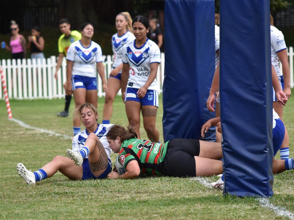 Gracie Canham scores a try. Picture: Sean Teuma. Tarsha Gale Cup