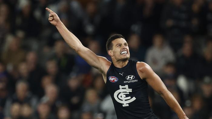 MELBOURNE, AUSTRALIA - JULY 15: Jack Silvagni of the Blues celebrates kicking his fourth goal during the round 18 AFL match between Carlton Blues and Port Adelaide Power at Marvel Stadium, on July 15, 2023, in Melbourne, Australia. (Photo by Daniel Pockett/Getty Images)