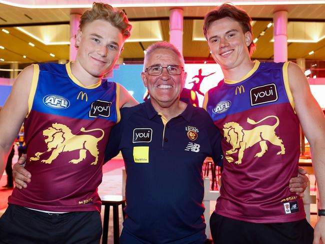 Levi Ashcroft and Sam Marshall with Lions coach Chris Fagan. Picture: Michael Willson/AFL Photos via Getty Images