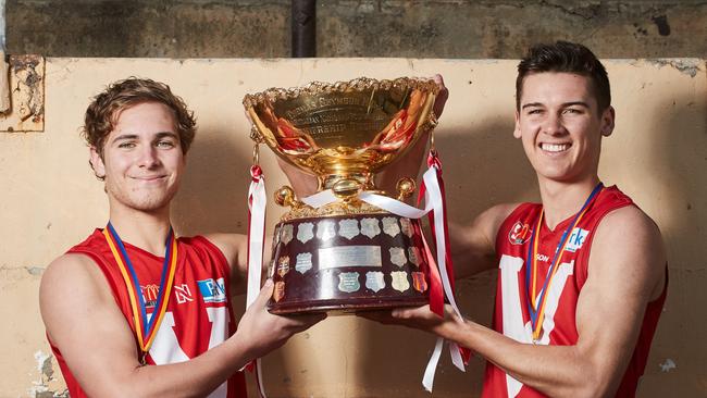 AFL draft prospects Boyd Woodcock and Connor Rozee at Prospect Oval with the SANFL Thomas Seymour Hill premiership trophy. Picture: Matt Loxton