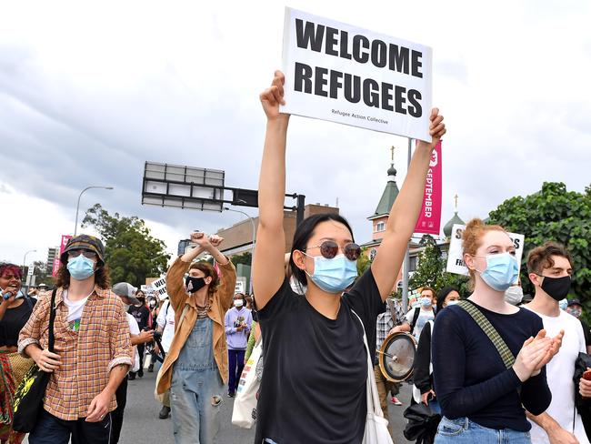 Protesters at Kangaroo Point on Saturday. Picture: John Gass