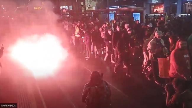 Hundreds gathered in the Melbourne CBD on Thursday night for an unruly anti-lockdown protest. Picture: Twitter