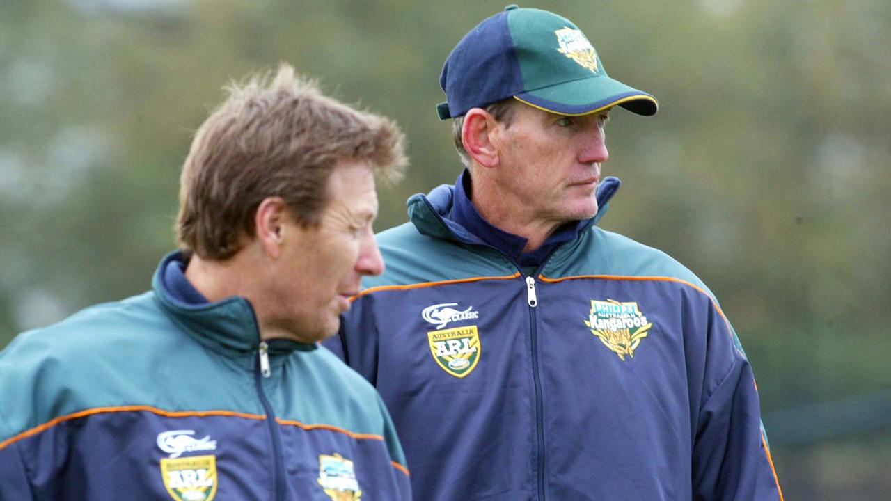 Wayne Bennett with assistant coach Craig Bellamy during their time with the Kangaroos. Photo: Colin Whelan/Action Photographics