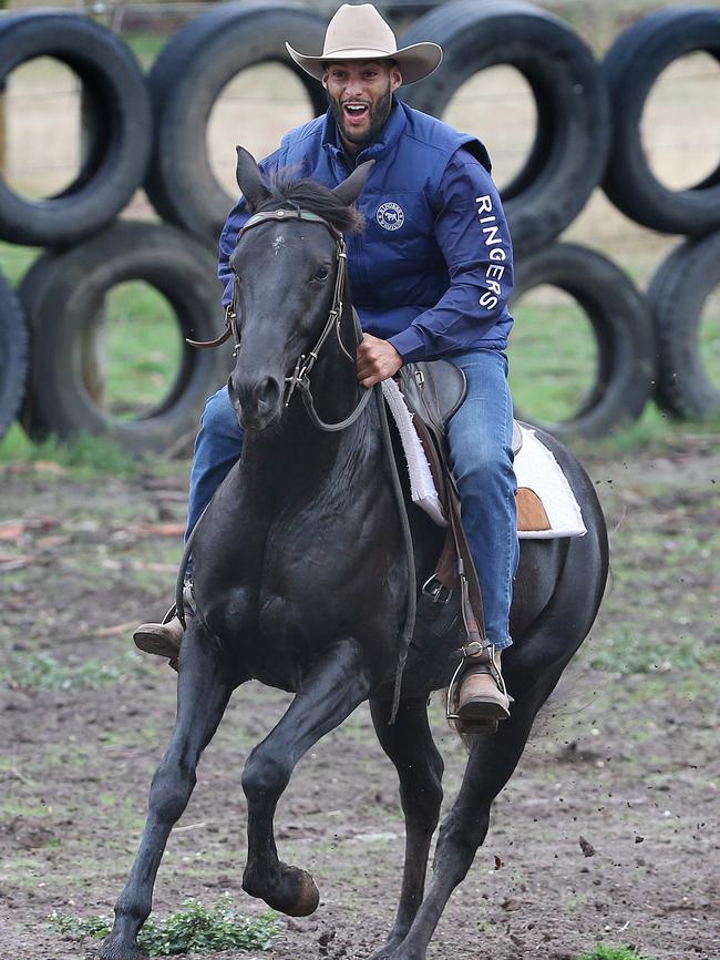 Gibson aboard his horse Mobile Price Tag during campdrafting training. Picture: Michael Klein