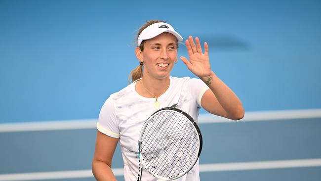 HOBART, AUSTRALIA – JANUARY 08: Elise Mertens of Belgium celebrates the win in her match against Danielle Collins of USA during day one of the 2024 Hobart International at Domain Tennis Centre on January 08, 2024 in Hobart, Australia. (Photo by Steve Bell/Getty Images)