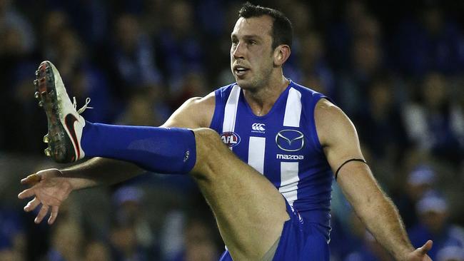 Todd Goldstein kicks one of his three goals against Carlton. Picture: George Salpigtidis