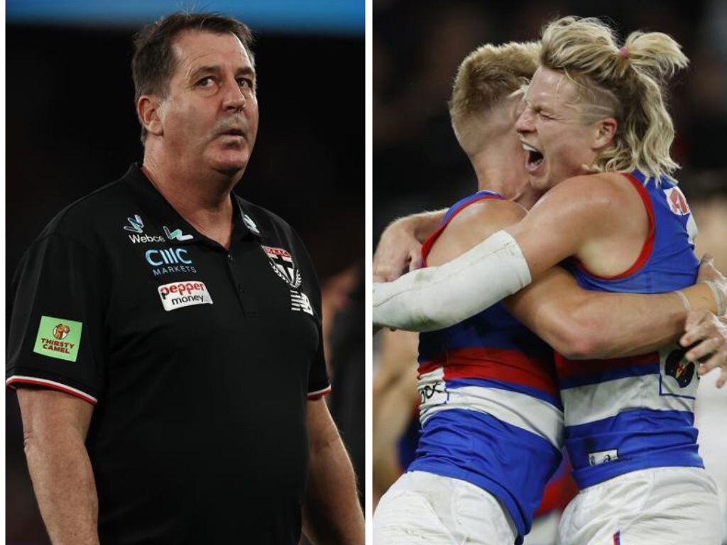 Saints coach Ross Lyon (left) is under the pump after the thrashing against the Bulldogs. Photos: News Corporation