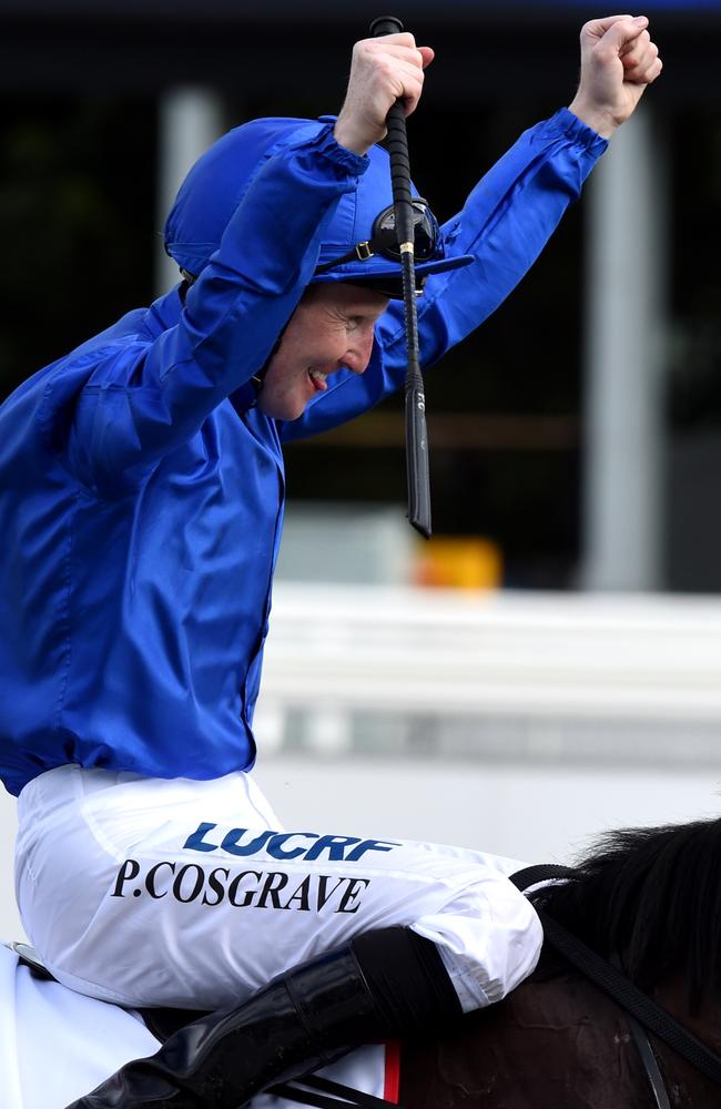 That winning feeling: Pat Cosgrave returns to scale on Best Solution. Picture: Nicole Garmston