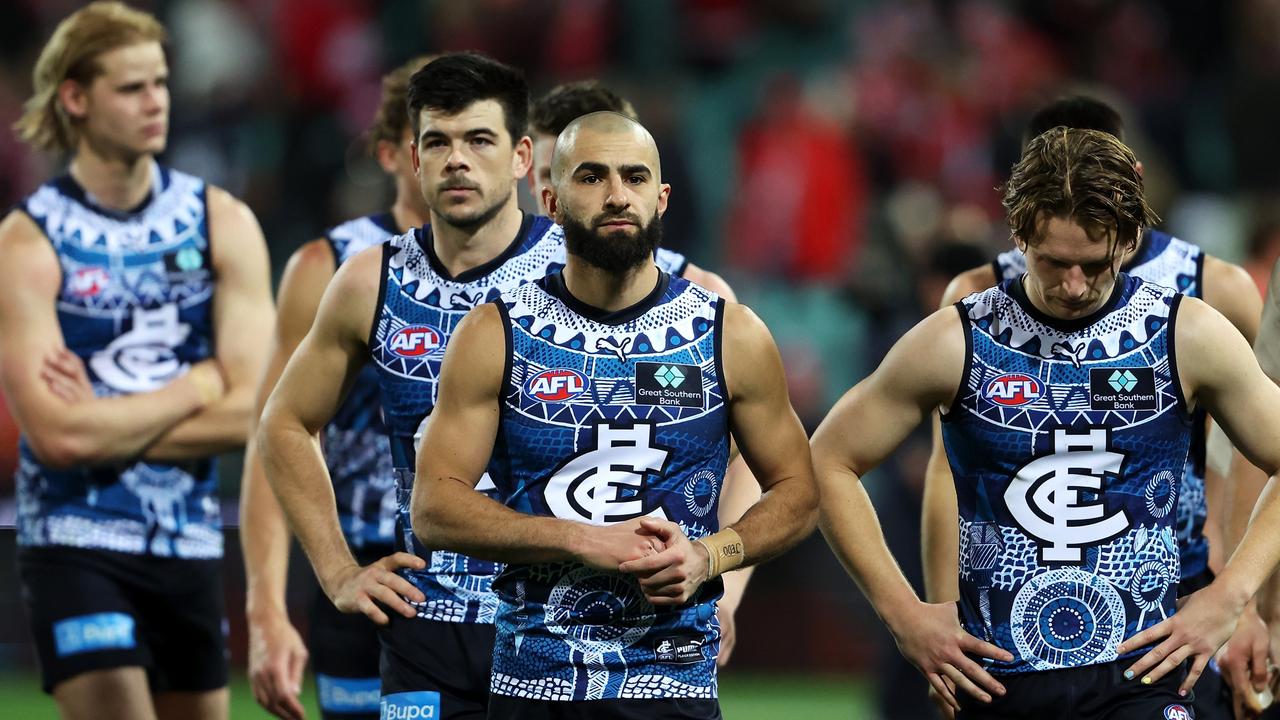 The Blues walk off the SCG on Friday night. Picture: Mark Kolbe/AFL Photos