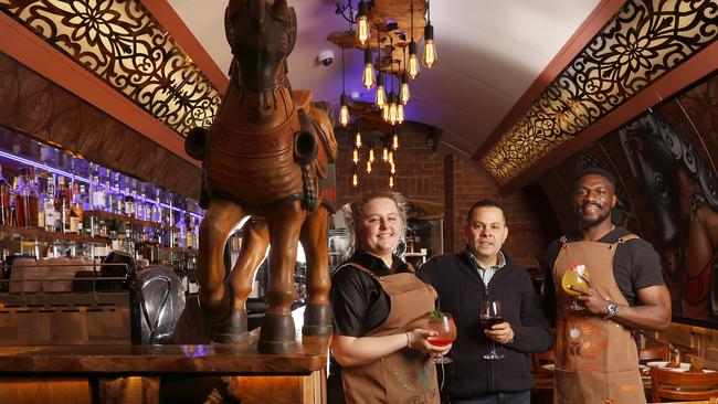 Allira Lynd Williams staff member, owner Atef Seefen  and Fabrice Bisimwa staff member.  The Wooden Horse Cafe+Bar+Pizza is set to open in Hobart.  Picture: Nikki Davis-Jones