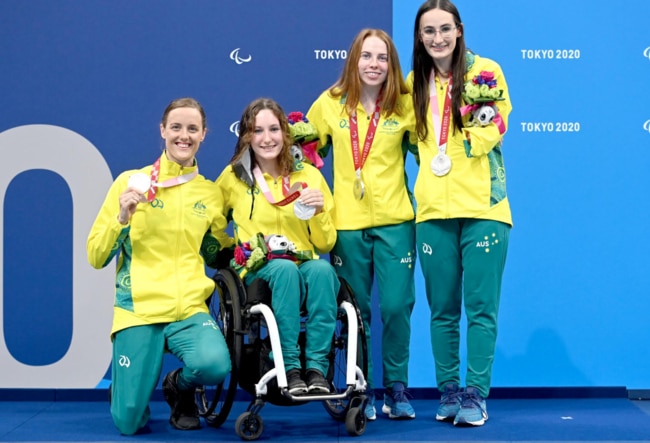 Izzy Vincent (middle, left) celebrates one of her multiple medal finishes with her relay team at the Tokyo Paralympics. Picture: Supplied, Swimming Australia