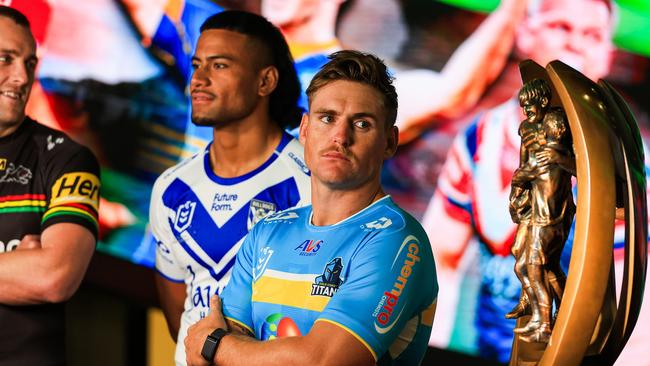 SYDNEY, AUSTRALIA - MARCH 01: AJ Brimson of the Gold Coast Titans looks on during the NRL Telstra Premiership 2024 Season Launch at Telstra HQ on March 01, 2024 in Sydney, Australia. (Photo by Mark Evans/Getty Images)