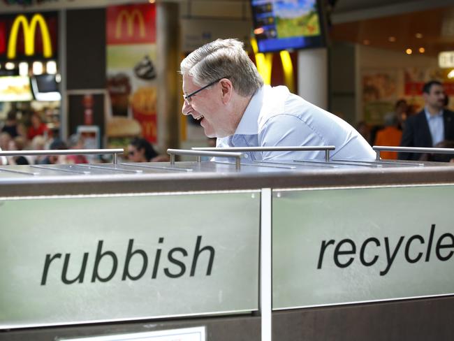 Denis Napthine stops to talk to shoppers at Karingal Hub Shopping Centre near Frankston. Picture: David Caird.
