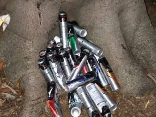 Used aerosol cans dumped in a park after being inhaled.