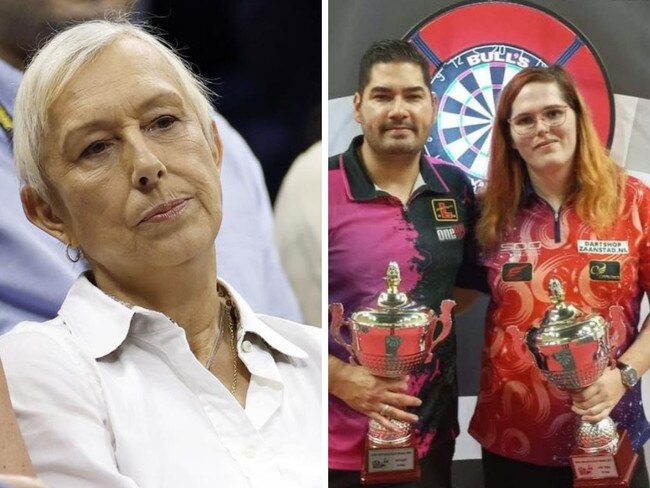 Martina Navratilova and trans darts player Noa-Lynn van Leuven. Photos: Getty Images/Instagram