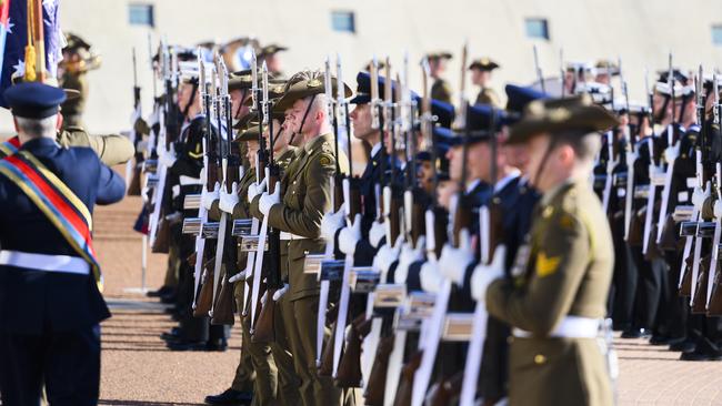 The Australian Federation Guard outside Parliament House ahead of David Hurley's swearing in ceremony. Picture: AAP.