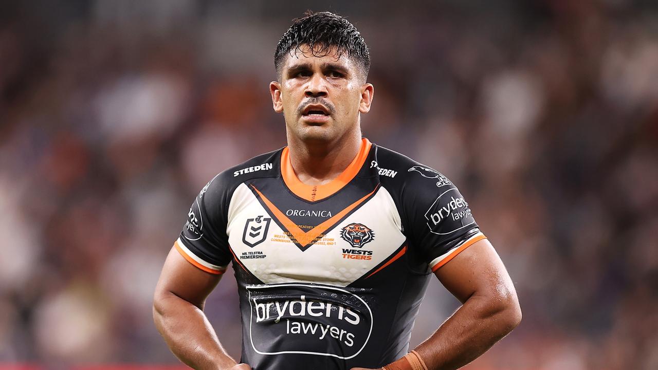 SYDNEY, AUSTRALIA - MARCH 12: Tyrone Peachey of the Tigers looks dejected after a try during the round one NRL match between the Wests Tigers and the Melbourne Storm at CommBank Stadium, on March 12, 2022, in Sydney, Australia. (Photo by Mark Kolbe/Getty Images)