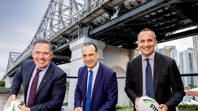 The NRL are closely monitoring the AFL’s Sydney Magic Round plans, with Peter V'landys (middle), and Andrew Abdo (right) ready to cash in. Picture: Supplied.