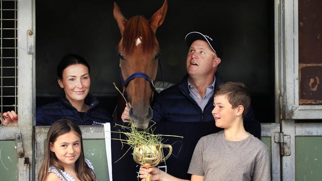 Danny O'Brien with wife Nina and kids Grace and Thomas pose with Vow And Declare at the trainer's stables the day after the win. Pic: Getty Images