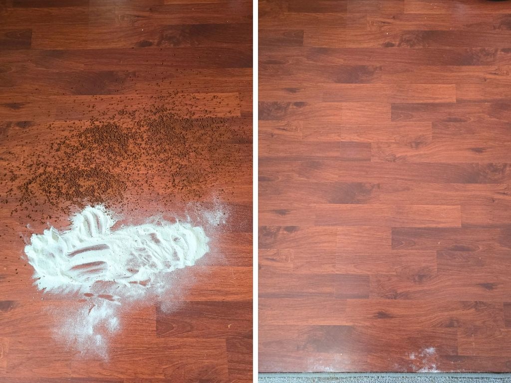 Before (left) and after (right) vacuuming and mopping instant coffee and garlic replacer. Picture: Tahnee-Jae Lopez-Vito/news.com.au.