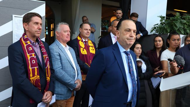 Deputy Premier Cameron Dick and Sport Minister Michael Healy will be joined by Australian Rugby League Commission chair Peter V'landys, NRL CEO Andrew Abdo and Brisbane Lord Mayor Adrian Schrinner at Magic Round last month. Picture David Clark