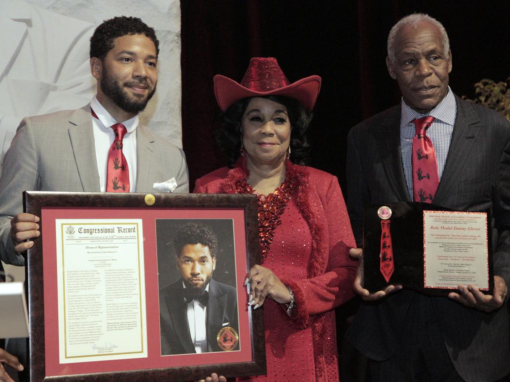 Actor Jussie Smollett, a 2019 inductee of the 5000 Role Models of Excellence Project, left, with US Congresswoman Frederica S. Wilson and actor Danny Glover. Picture: AP 