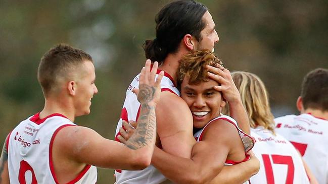 Supplied Editorial Jesse Motlop celebrates with his South Fremantle teammates Picture Michael Farnell WAFL