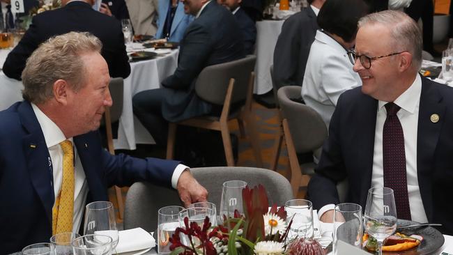 MELBOURNE, AUSTRALIA - NewsWire Photos, MARCH 5, 2024. Businessman Andrew Forrest talks with Prime Minister Anthony Albanese at the CEO lunch at the 2024 ASEAN-Australia Special Summit. Picture: NCA NewsWire / David Crosling