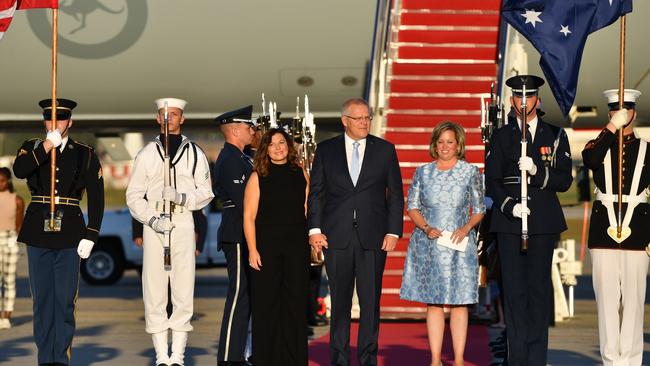 Australia's Prime Minister Scott Morrison and wife Jenny arrive for a state visit, at Andrews Airforce Base in Washington DC, United States. Picture: AAP Image/Mick Tsikas