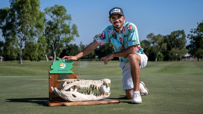 Sydney golfer Austin Bautista with the Tailor-made Building Services NT PGA Championship trophy at Palmerston Golf and Country Club on May 8, 2022. Photo: Taylah Somerville