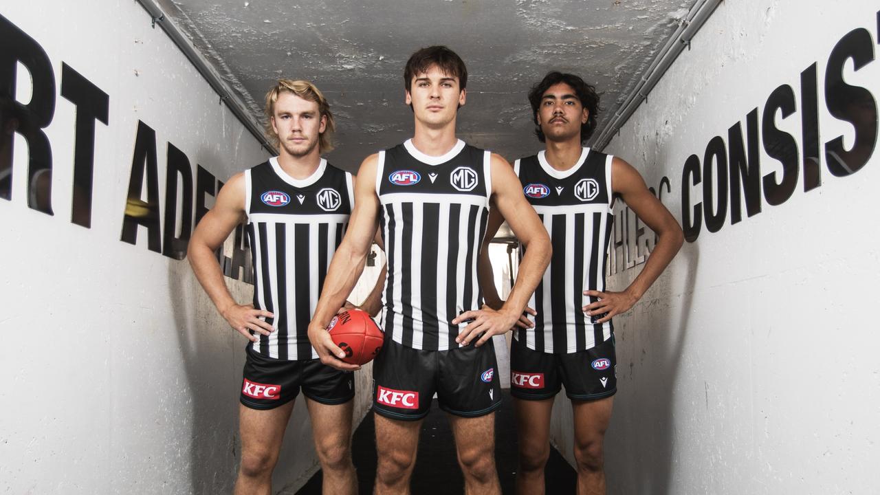 Jason Horne-Francis, Jase Burgoyne and Connor Rozee at Alberton Oval. Picture: Simon Cross