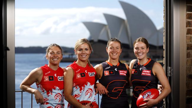 Sydney’s Lisa Steane and Alana Woodward and Giant’s Nicola Barr and Jessica Doyle at an AFLW breakfast in Sydney. Photo: Phil Hillyard