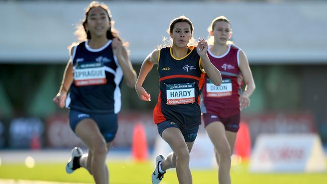 Claire Hardy (SA) competes in the Girls U14 200m.