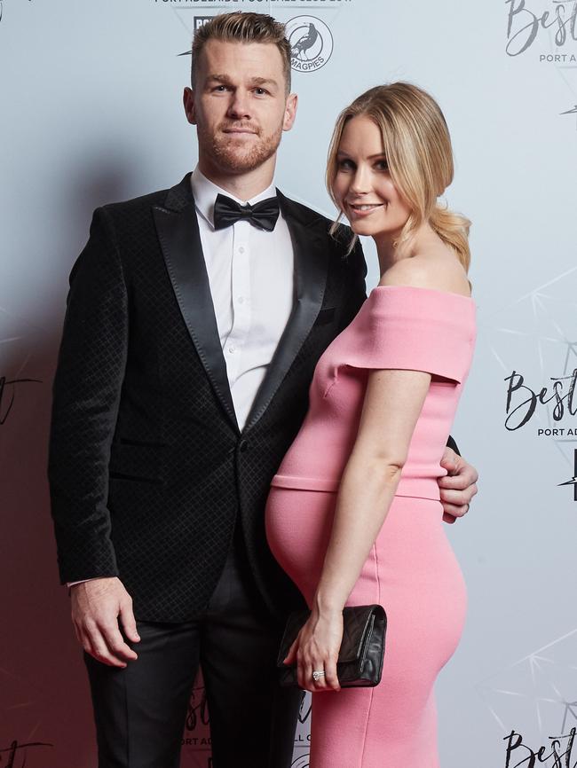 Robbie and a pregnant Annabel Gray at Port Adelaide's best and fairest at the Convention Centre in October. Picture: AAP Image/MATT LOXTON