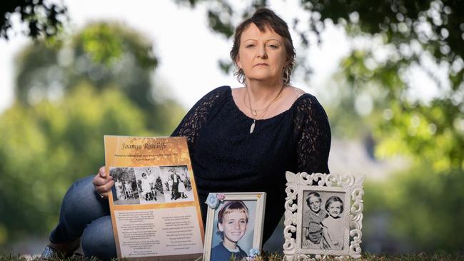 Suzie Ratcliffe sister of Joanne Ratcliffe who was 11, disappeared exactly 50 years ago this year with her friend Kirsty Gordon. The two young girls had been in Adelaide to watch an AFL game, and were last seen with a man who was carrying Kirsty under his arm. Picture: Tony Gough