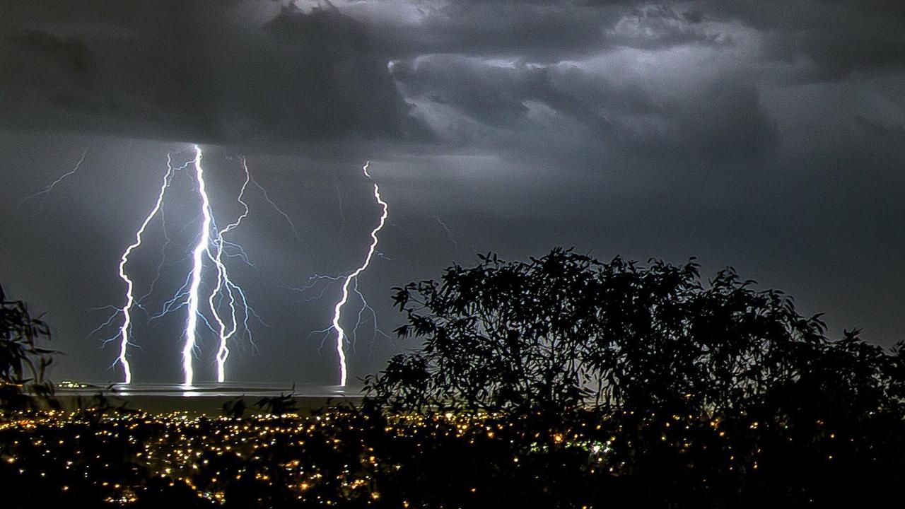 Lightning strikes over Adelaide, as seen from Anstey Hill. Picture: Shaun Blair