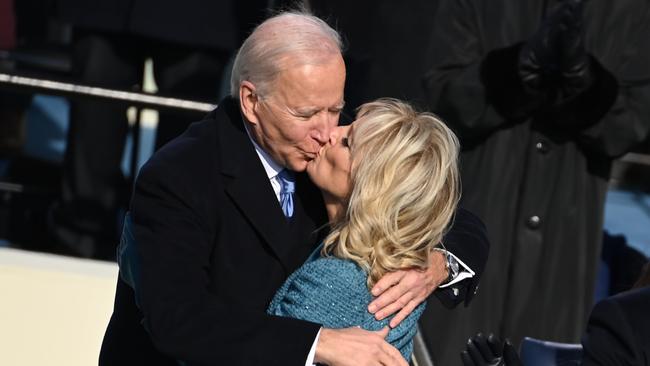 US President Joe Biden kisses US First Lady Jill Biden after being sworn in. Picture: Saul Loeb/Pool/Getty Images